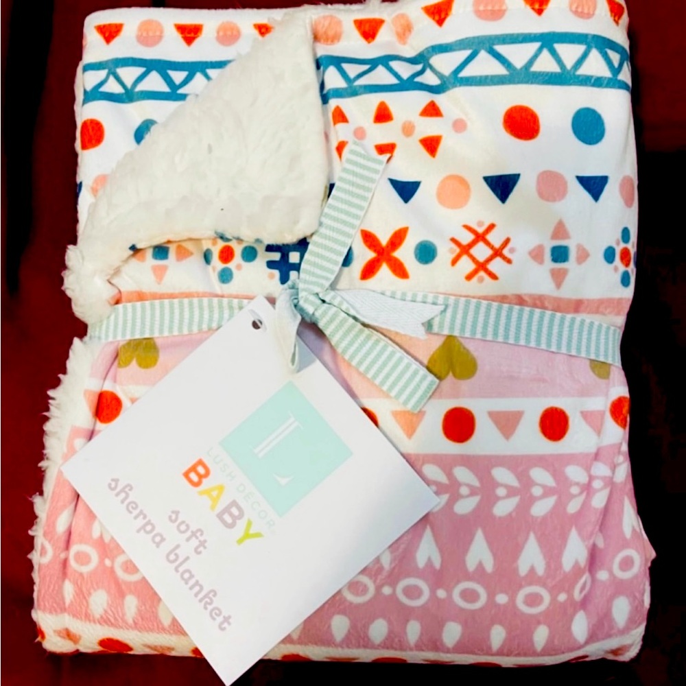 Oversized Plush Soft Blanket Baby Boho Metallic Hearts Reversible Pink & Orange